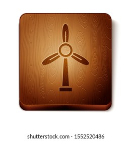 Brown Wind turbine icon isolated on white background. Wind generator sign. Windmill for electric power production. Wooden square button. Vector Illustration