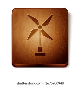 Brown Wind turbine icon isolated on white background. Wind generator sign. Windmill for electric power production. Wooden square button. Vector Illustration