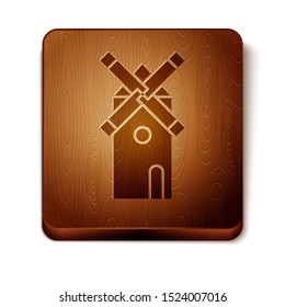 Brown Windmill icon isolated on white background. Wooden square button. Vector Illustration