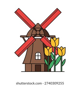 A brown windmill with red blades and yellow tulips