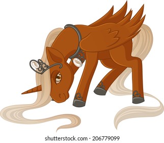 Brown winged unicorn with white mane bowed his head