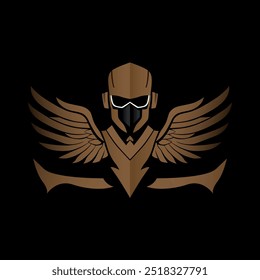 Marrón guerrero alado logo futurista enmascarado luchador con alas. Diseño dinámico del logotipo del casco alado.