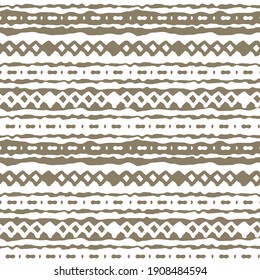 Brown winter abstract horizontal Seamless repeat border pattern on white background. Random rough, twisted part of triangles or broken lines, zigzags, circles or big dots shapes. Hand drawn effect