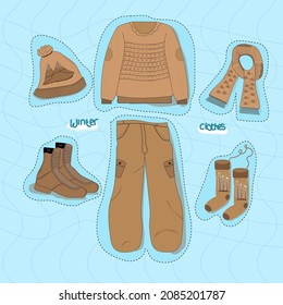 brown winter clothes whit blue background
