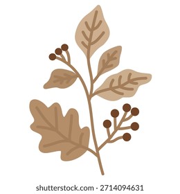 Brown winter leaves branch in flat illustration for botanical design. Suitable for rustic winter decor, seasonal prints, packaging, and natural themed artwork.
