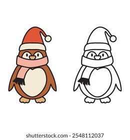 Ilustração vetorial de Brown Winter Penguin. Contorno preto e branco. ilustração colorida. para colorir livro ou página para crianças