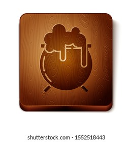 Brown Witch cauldron icon isolated on white background. Happy Saint Patricks day. Wooden square button. Vector Illustration