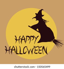a brown witch flying in a brown broom towards the moon