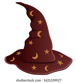 Brown wizard hat with stars and moon. Vector illustration