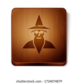 Brown Wizard warlock icon isolated on white background. Wooden square button. Vector Illustration