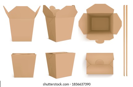 Brown Wok box and chopsticks, craft paper packaging for chinese food, noodle or rice. Vector realistic mockup of closed and open takeaway boxes in front and top view and bamboo sticks