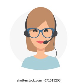 Brown woman with glasses 24h all the time customer support center via phone. mail operator service icons concept.