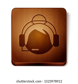 Brown Woman with a headset icon isolated on white background. Support operator in touch. Concept for call center, client support service. Wooden square button. Vector Illustration