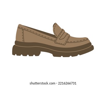 Brown woman loafers. Stylish comfortable casual footwear. Hand drawn vector illustration isolated on white background. Modern flat cartoon style.