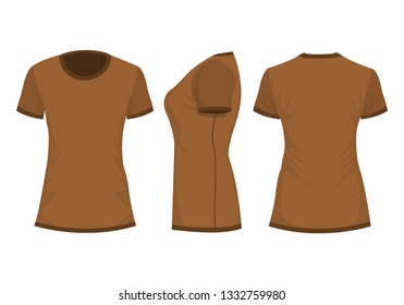 Brown woman's t-shirt in back, front and side views