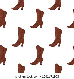 Brown women boots seamless isolated pattern. White background. Vector illustration for seasonal textile prints, fabric, banners, backdrops and wallpapers.