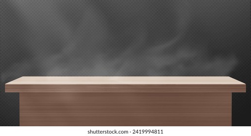 Tapa 3d de madera marrón con vapor o humo sobre fondo transparente. Vista frontal sobre el escritorio con una superficie de textura de madera para mostrar los productos. Vector realista de muebles vacíos de oficina o cocina.