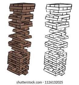 Brown Wood Building Block Tower Vector Illustration Sketch Doodle Hand Drawn With Black Lines Isolated On White Background