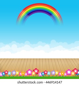 Brown wood floor with flower and blue sky rainbow background empty room with space vector illustration eps10