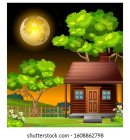 Brown Wood House In Grass Field With Moonlight Night Landscape View Cartoon