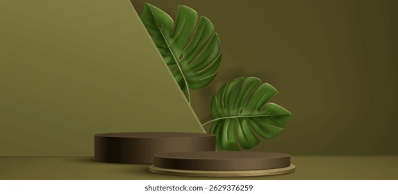 Brown wood podium display with monstera leaf - natural round pedestals, cylinder platforms on olive background. Luxury product showcase mockup with tropical plant. Organic cosmetics promotion design.