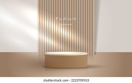 Brown wood podium with white cylinder pedestal background. Vertical wooden pattern background. Light scene for display products, stage showcase design. Vector geometric empty studio.