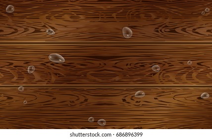 Brown wood texture pattern with water drops. Dark wooden pattern. Wood Vector illustration. Wooden table top view background with rain drops. Wood blank desk Trendy design. Holiday, vacation, kitchen