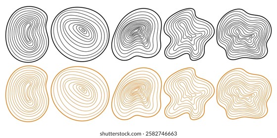 Brown wood tree trunk rings. Hand drawn vector set. Detailed black and white texture of a felled tree trunk or stump. Rough organic tree rings with close up of end grain. Circle topography