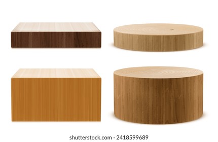 Brown wooden 3d product podium in shape of square and circle. High and small platform with wood texture for natural goods display. Realistic vector mockup of empty pedestal for presentation