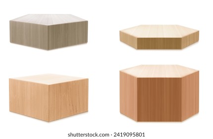 Brown wooden 3d product podium in shape of square, hexagon and pentagon. High and small platform with wood texture for natural goods display. Realistic vector mockup of empty pedestal for presentation