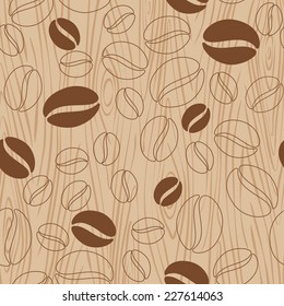 Brown wooden background with coffee beans pattern. Vector illustration.