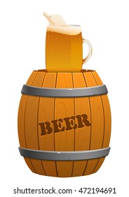 brown wooden barrel and beer mug isolated