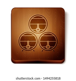 Brown Wooden barrel on rack with stopcock icon isolated on white background. Wooden square button. Vector Illustration