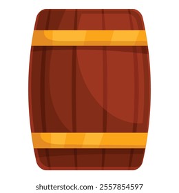 Brown wooden barrel standing up with golden hoops on white background