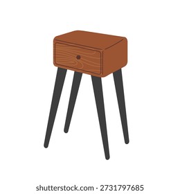 Banqueta de minério de mesa de cabeceira de madeira marrom com quatro pernas e gaveta única e botão de madeira na frente. Ilustração vetorial plana