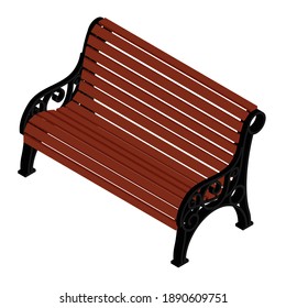 Brown wooden bench with a decorative ornate metal legs and armrests, isolated on a white background. Isometric view. Vector