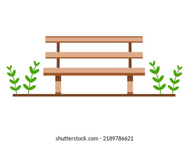 Brown wooden bench for sitting rest with green grass in park on white background flat vector icon design.