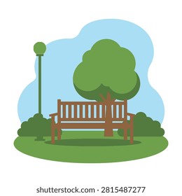 Brown wooden bench under lush green tree and blue sky on grassy park area