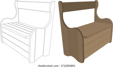 The Brown Wooden Bench Vector Illustration. The Outdoor Bench Isolated On White Background. The Bench Clip Art. The Bench Coloring Page