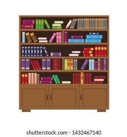 Brown wooden big bookcase with colorfull books. Vector illustration for library, education or bookstore concept.