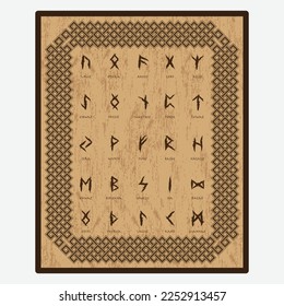 Brown wooden board with Scandinavian pattern and runes symbols