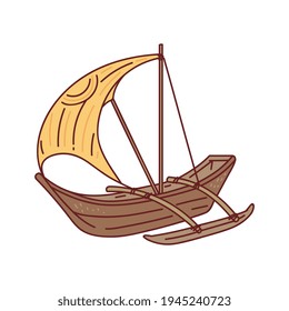 Brown wooden boat with yellow sail isolated on white background