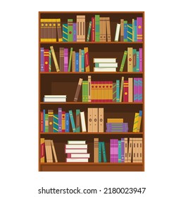 Brown wooden bookcase with books of library or bookstore isolated on white background. Book shelves with multicolored book spines. Education and knowledge, studying and learning. Vector illustration