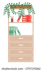 Brown wooden bookcase with colorful books. Education or bookstore concept, office furniture equipment with drawers, potted plant standing on top. Shelfes with notebooks or folders with documents