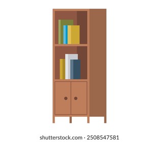 A brown wooden bookshelf with various colored books on the shelves, featuring a minimalistic design.