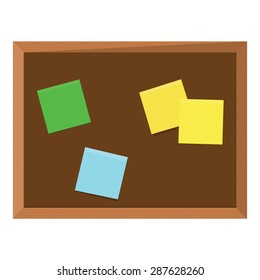 Brown wooden bulletin board with color stick notes yellow, green, pink, purple and blue. Notice board. Cork board. School bulletin board
