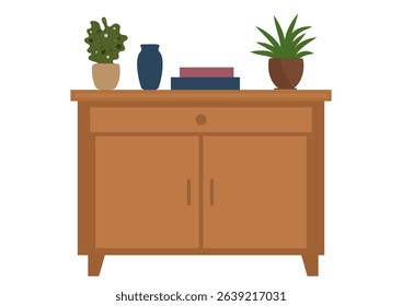 A brown wooden cabinet decorated with potted plants, a vase, and books. Interior furniture detail for home decor and domestic organization concept.