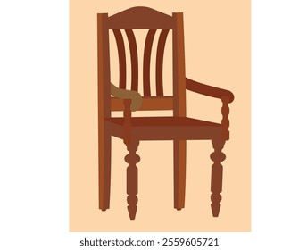 Brown wooden chair with backrest and soft beige seat. Furniture for dining room. Flat vector design brown chair emoji Wooden comfortable chair isolated on white. Old style vintage wooden chair 