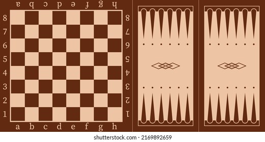 Brown wooden chessboard and backgammon board for playing with chips and dice, top view vector illustration. Abstract pattern for tabletop, vintage empty checkerboard for strategy games background svg