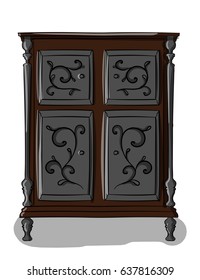 Brown wooden chest of drawers with gray carved details stands on a white background eps 10 illustration